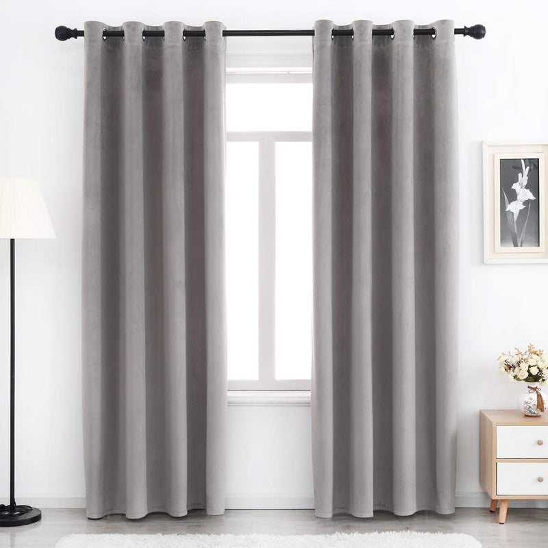 SPXTEX Grey Velvet Curtains for Living Room and Bedroom - Super Soft, Blackout, Heavy, 108 Inches Long With Grommets - Set of 2 Panels, Light Grey - Image 1